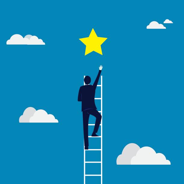 ilustrações, clipart, desenhos animados e ícones de conceito de negócio alvo. escalando a escada para alcançar a estrela - staircase determination goal high up