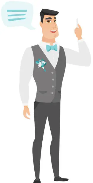 Vector illustration of Young caucasian groom with speech bubble