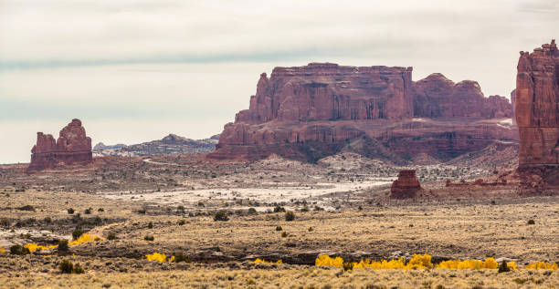 malowniczy widok na pustynię jesienią, z jesiennymi kolorami. park narodowy arches, utah. - natural landmark autumn canyon cliff zdjęcia i obrazy z banku zdjęć