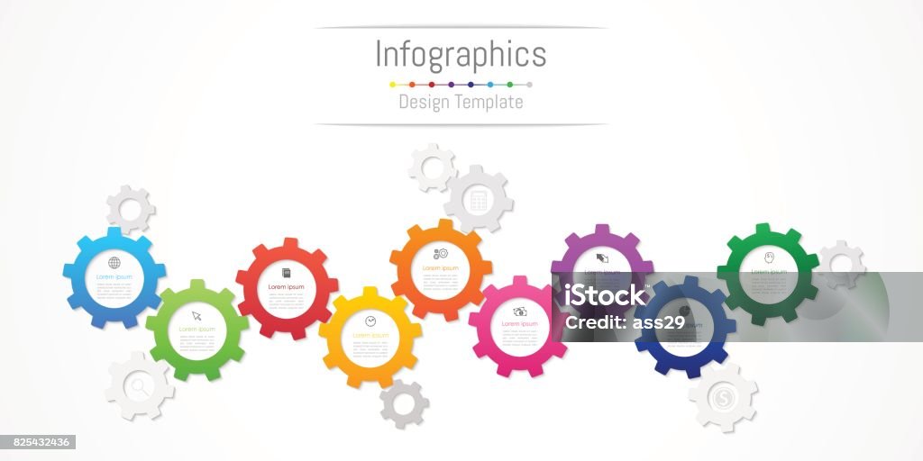 Infographic 9 옵션, 부품, 단계, 일정 또는 프로세스와 비즈니스 데이터에 대 한 디자인 요소입니다. 기어 휠 개념, 벡터 일러스트 레이 션입니다. - 로열티 프리 8-9 살 벡터 아트