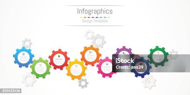 Infographic 9 옵션 부품 단계 일정 또는 프로세스와 비즈니스 데이터에 대 한 디자인 요소입니다 기어 휠 개념 벡터 일러스트 레이 션입니다 8-9 살에 대한 스톡 벡터 아트 및 기타 이미지