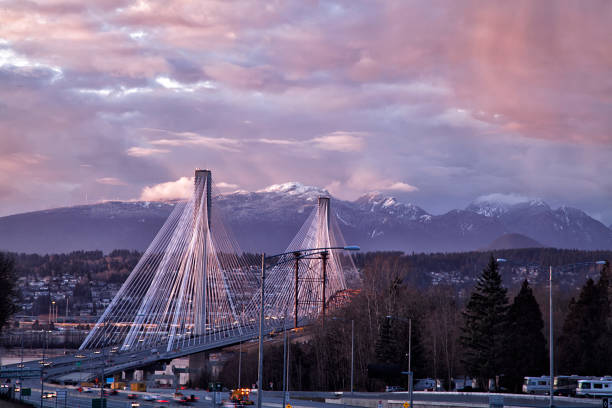 Port Mann Bridge at sunset, BC, Canada Port Mann Bridge at sunset, Transcanada highway #1 at Surrey section. new westminster stock pictures, royalty-free photos & images