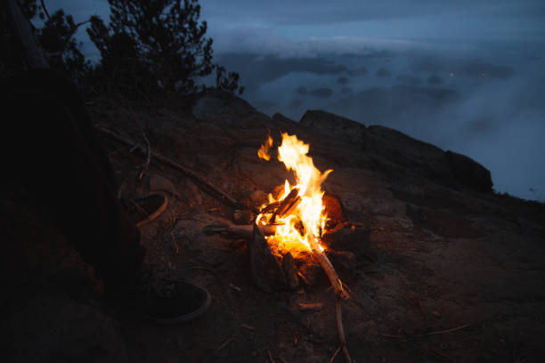 istock Campfire on the edge with campfire above bay with islands and forests in cloudy weather from top view in the evening 825439206