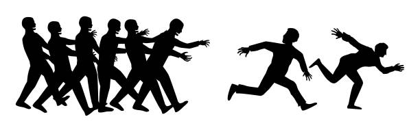 silhouette menschen laufen flucht vor zombies gruppe - eating silhouette men people stock-grafiken, -clipart, -cartoons und -symbole