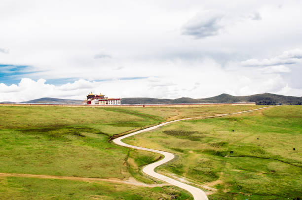 Traditional tibetan monastery by Tagong grassland in China View on tradtitional tibetan monastery by Tagong grassland in China colorado flag art pictures stock pictures, royalty-free photos & images