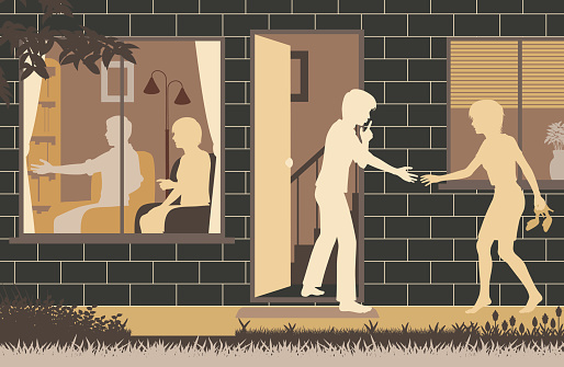 Editable vector illustration of a teenage boy sneaking his girlfriend into his house while his parents watch television