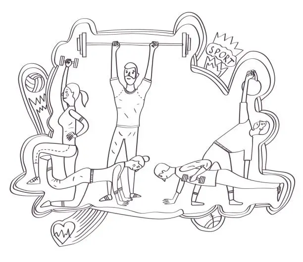 Vector illustration of Group of athletes working with weights and kettlebells lifting barbells.