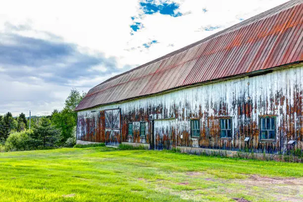 Red metal painted old vintage barn shed house in summer landscape green grass field in countryside