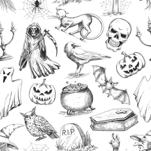 ilustraciones, imágenes clip art, dibujos animados e iconos de stock de halloween dibujo de patrones sin fisuras - horror ilustraciones