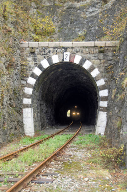 istock Lights on the train in railway stone  tunnel 825461282