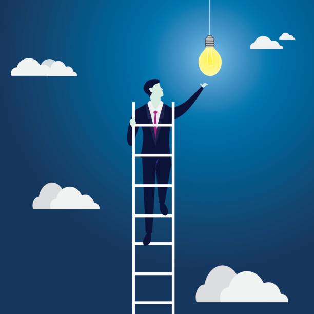 концепция бизнес-идеи. восхождение лестница достижение идея bulb - staircase determination goal high up stock illustrations