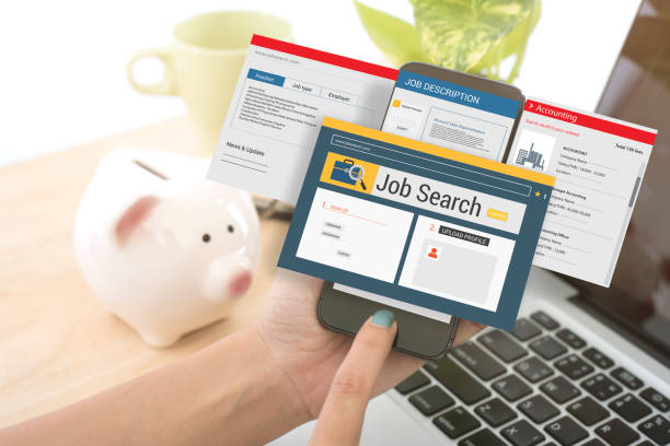 istock hand using smart phone with Job Search web homepage on screen. concept interview, hiring, recruitment. 825464108