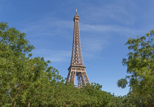 view on Eiffel tower from park, France