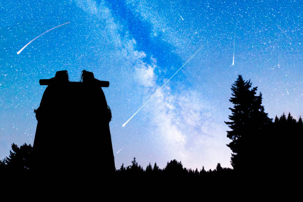 A view of the stars of the Milky Way with a silhouette of a pine trees forest and an astronomical observatory in the mountain. Falling stars during the summer when it is best for astro observations.