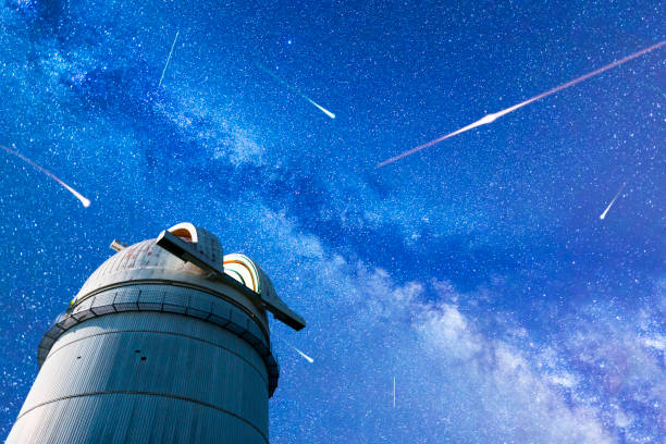 Perseid Meteor Shower in 2017. Falling stars. Milky Way observatory A view of the stars of the Milky Way. Night sky nature summer landscape. Meteor Shower. Falling stars. Comets. Perseid Meteor Shower in 2017. Astronomical observatory in the foreground. space milky way star night stock pictures, royalty-free photos & images