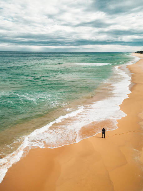 homme du paysage de plage de sable de stockton - port stephens new south wales australia coastline photos et images de collection