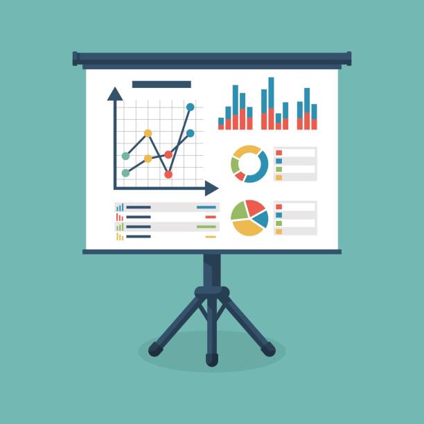 Business presentation icon Business presentation icon. Flip chart with growing graph, diagram. Whiteboard isolated on background. Vector illustration flat design. Report screen with market data statistics business strategies. man presenting white background stock illustrations