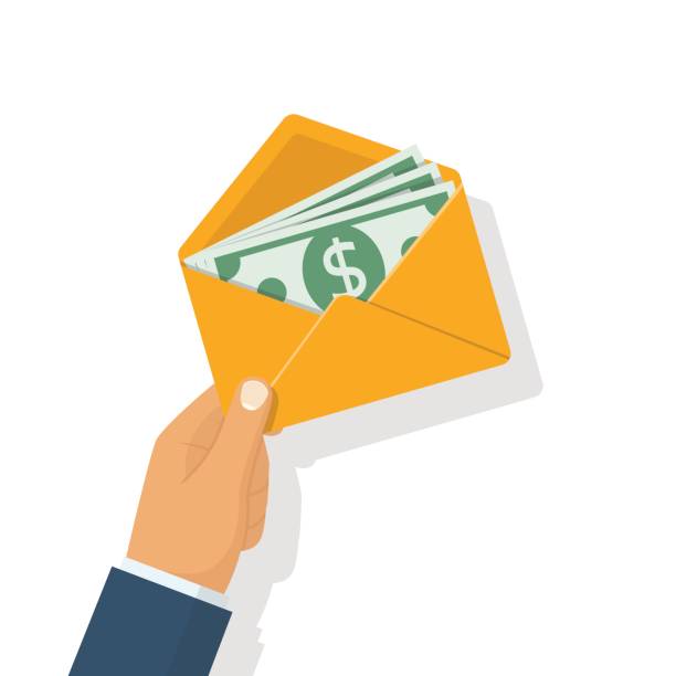 Money in envelope hold in hand businessman Money in envelope hold in hand businessman.  Isolated on white background. Cash american dollars. Financial gift. Vector illustration flat design. Finance concept. Open paper envelope with money. giving money stock illustrations