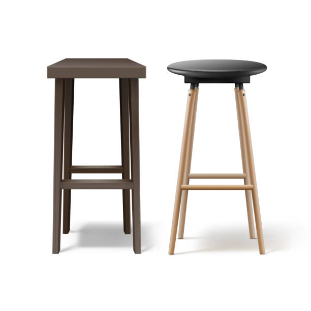 Two bar stools Vector two ocher, brown wooden bar stools with black leather seats front view isolated on white background stool stock illustrations