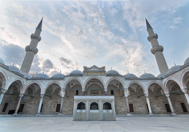 tir de jour extérieur faible angle de la mosquée de soliman le magnifique, une mosquée impériale ottomane, situé sur la troisième colline d’istanbul, en turquie et la deuxième plus grande mosquée dans la ville - istanbul surrounding wall suleymanie mosque turkey photos et images de collection