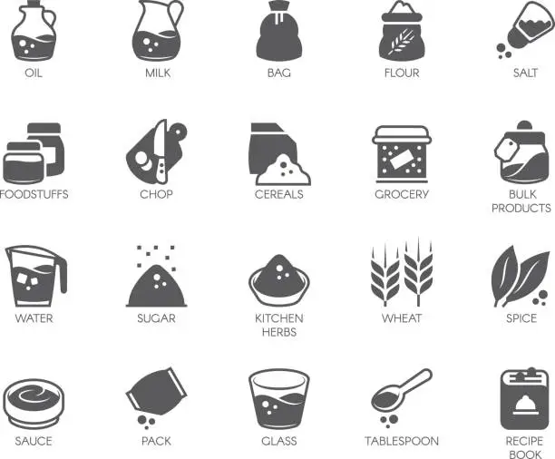 Vector illustration of Set of 20 flat icons on cookery theme. Ingredients for cooking and kitchen accessories. icon for various recipes, cookbooks, culinary sites, stores and other projects. Vector illustration