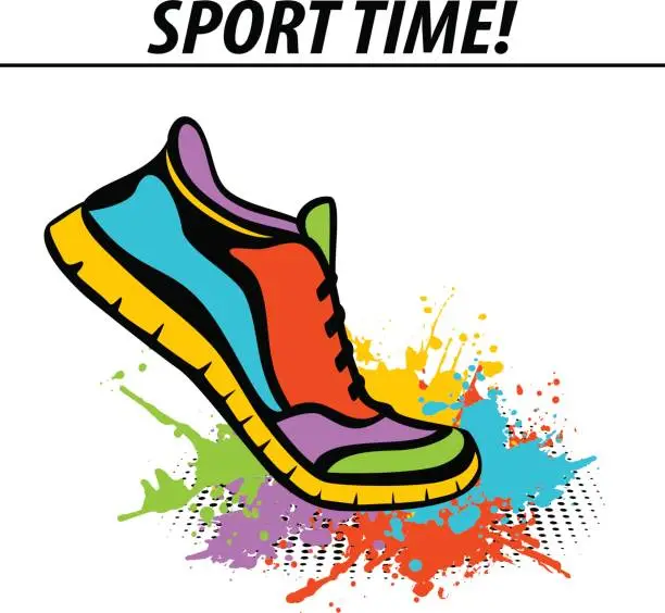 Vector illustration of Sport time motivational colorful banner with sport running fitness sneaker in start position stepping into paint splatter