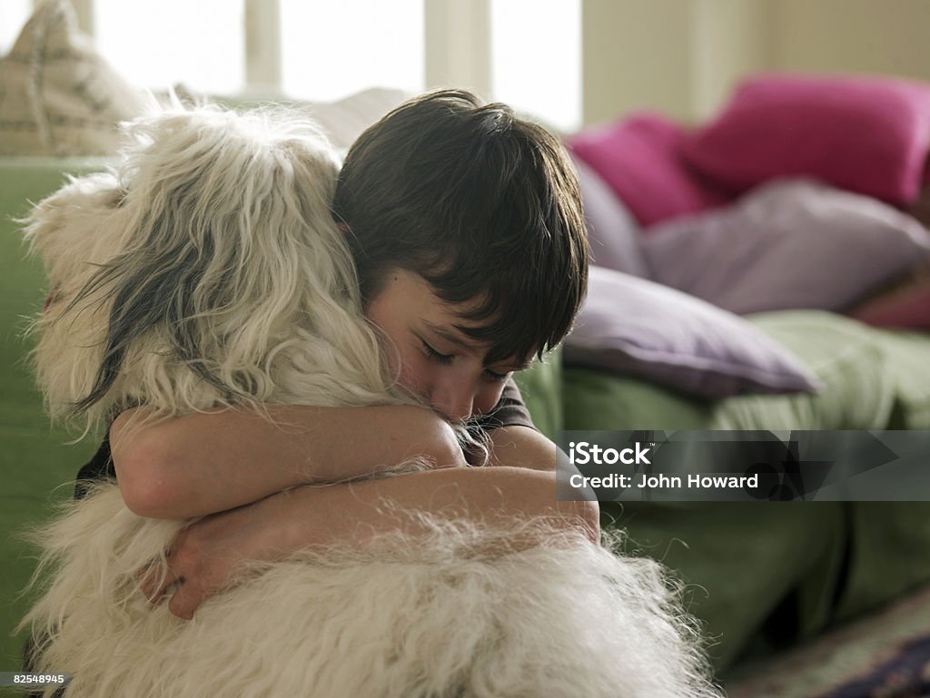 Ragazzo, abbracciare il suo cane - Foto stock royalty-free di Cane