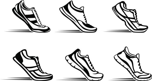 ilustraciones, imágenes clip art, dibujos animados e iconos de stock de fitness deporte zapatillas de silueta en conjunto de la posición de inicio - zapatillas de deporte