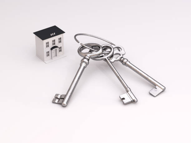 istock bunch of three old keys with small house 825490044