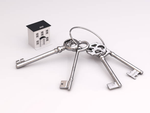 istock bunch of four old keys with small house 825490048