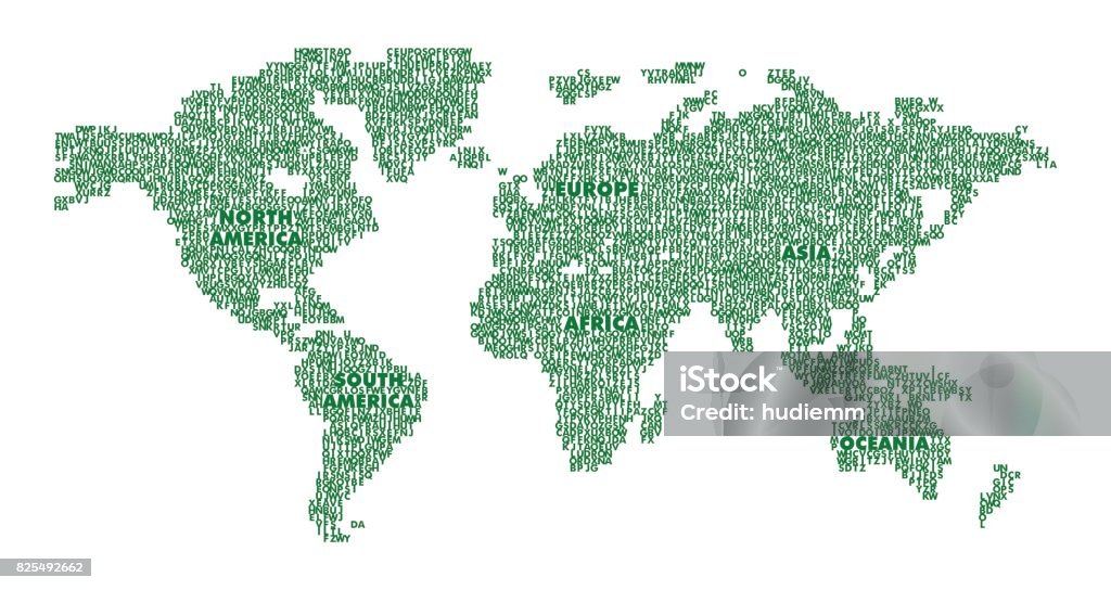 Vector map of the world with english alphabet: America,Europe,Asia,Oceania,Africa Single Word stock vector