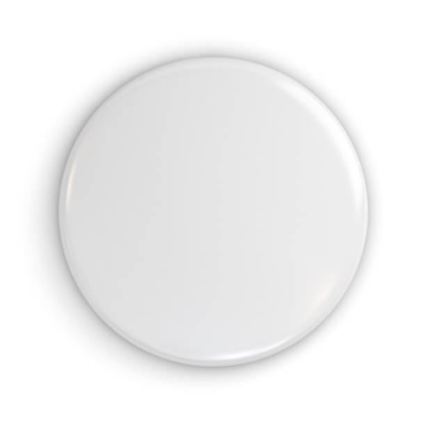 badge blanc blanc ou bouton isolé sur fond blanc avec ombre. rendu 3d - bouton poussoir photos et images de collection