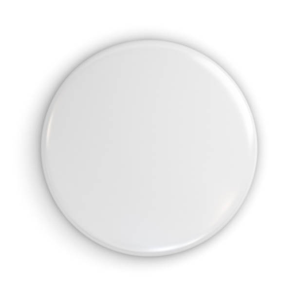 blank white badge or button isolated on white background with shadow . 3d rendering - crachá de campanha imagens e fotografias de stock