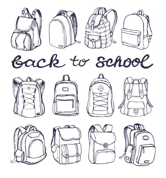 ilustrações de stock, clip art, desenhos animados e ícones de hand drawn vector set of sketch doodle backpacks. casual backpack, fashion backpack. vector illustration. back to school. - mochila