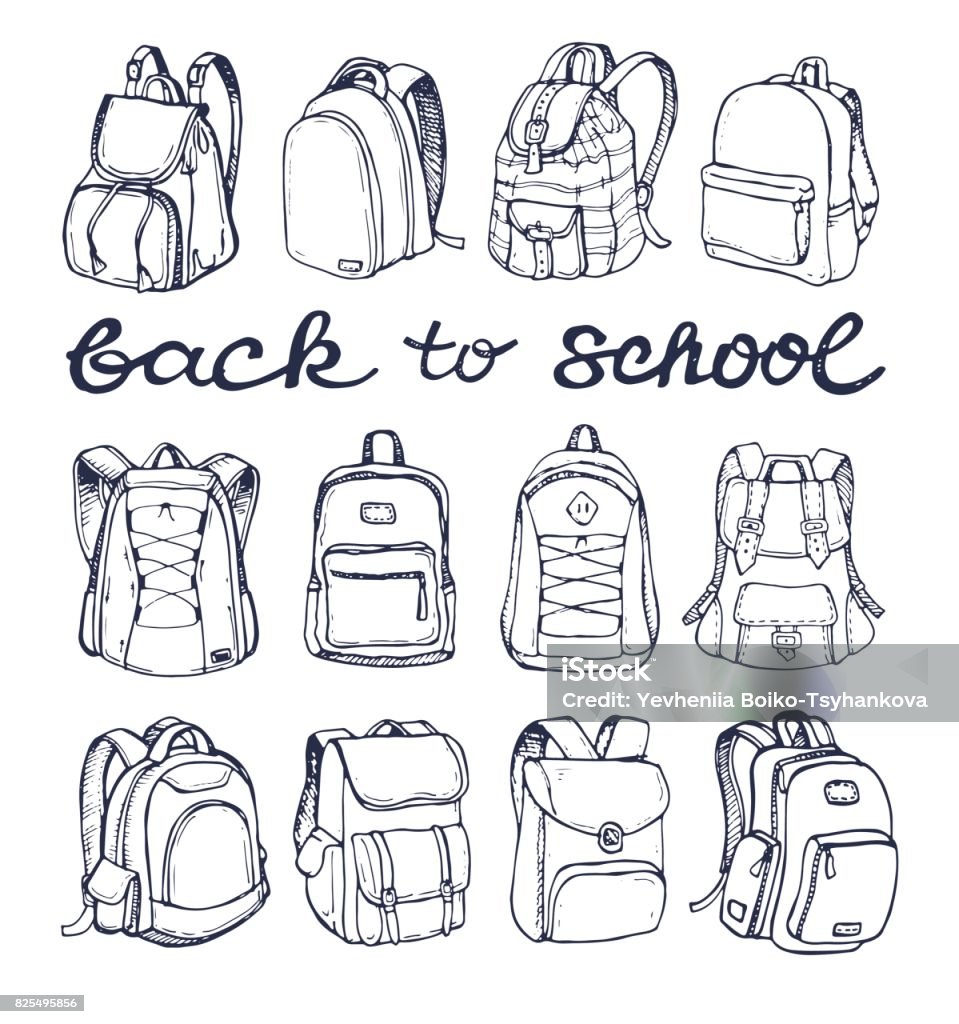 Hand drawn Vector Set of Sketch Doodle Backpacks. Casual Backpack, Fashion Backpack. Vector illustration. Back to school. Sketch Doodle Backpacks. Backpack stock vector