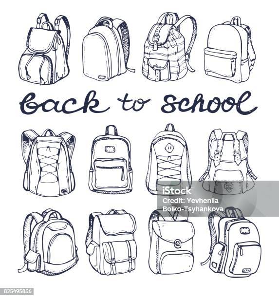 Hand Drawn Vector Set Of Sketch Doodle Backpacks Casual Backpack Fashion Backpack Vector Illustration Back To School Stock Illustration - Download Image Now