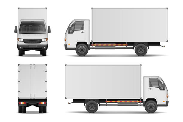 lkw-ladung weißen realistische lieferung. lkw für werbung seite, vorder- und rückansicht isoliert auf weißem hintergrund. lieferung cargo lkw vektor illustration mockup - rücken stock-grafiken, -clipart, -cartoons und -symbole