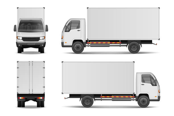 白の現実的な配送貨物トラックです。広告側、フロントと背面の白い背景で隔離のためのトラック。配送貨物トラック ベクトル図モックアップ - 配送車点のイラスト素材／クリップアート素材／マンガ素材／アイコン素材