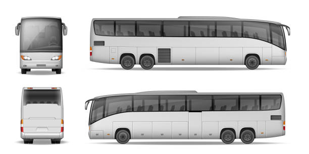 Coach bus isolated on white background. Travel Passenger Bus for advertising and your design. Realistic coach mockup Side, Front and Back view. Vector illustration Coach bus isolated on white background. Travel Passenger Bus for advertising and your design. Realistic coach mockup Side, Front and Back view. Vector illustration EPS 10 bus transportation stock illustrations