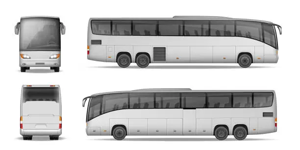Vector illustration of Coach bus isolated on white background. Travel Passenger Bus for advertising and your design. Realistic coach mockup Side, Front and Back view. Vector illustration