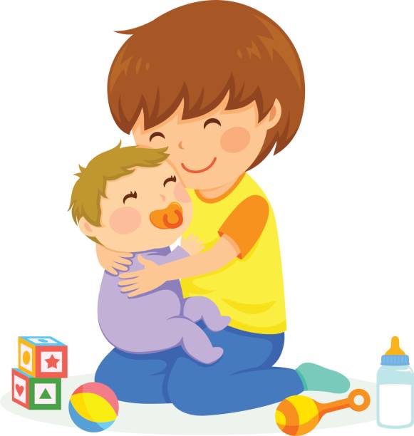 stockillustraties, clipart, cartoons en iconen met jongen en baby - broer en zus