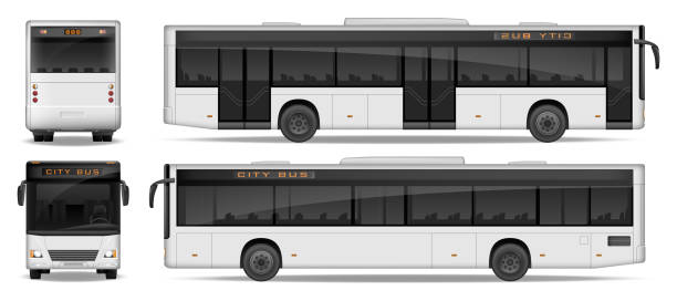 실제 도시 버스 템플릿 흰색 배경에 고립입니다. 여객 시내 버스 이랑 쪽, 전면 및 후면 볼 수 있습니다. 교통 광고 디자인입니다. 벡터 일러스트 레이 션 - bus stock illustrations