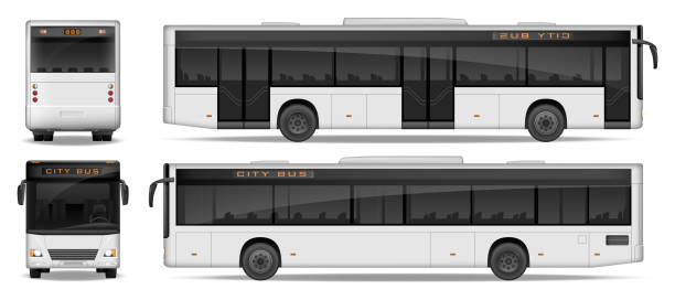 ilustrações de stock, clip art, desenhos animados e ícones de realistic city bus template isolated on white background. passenger city bus mockup side, front and rear view. transport advertising design. vector illustration - bus