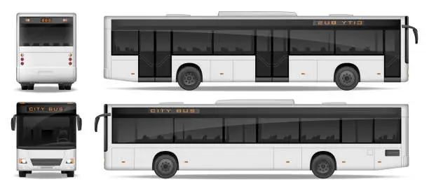 Vector illustration of Realistic City Bus template isolated on white background. Passenger City Bus mockup side, front and rear view. Transport advertising design. Vector illustration