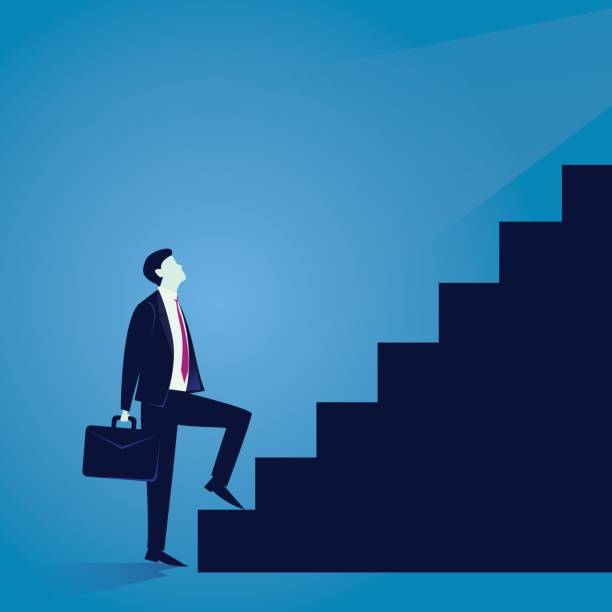 Businessman climb success ladder Vector illustration. Business journey concept. Future success. first step. Businessman start climbing stair for success, career, work, job, achievement, development, growth, progress, vision, future first steps stock illustrations