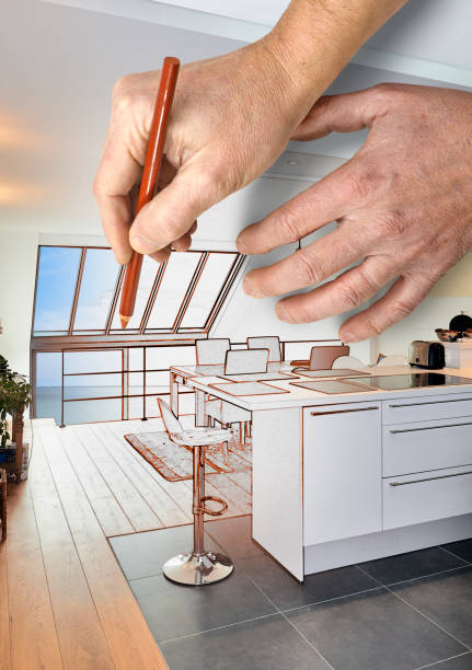 istock Drawing renovation of a Modern open kitchen 825509964