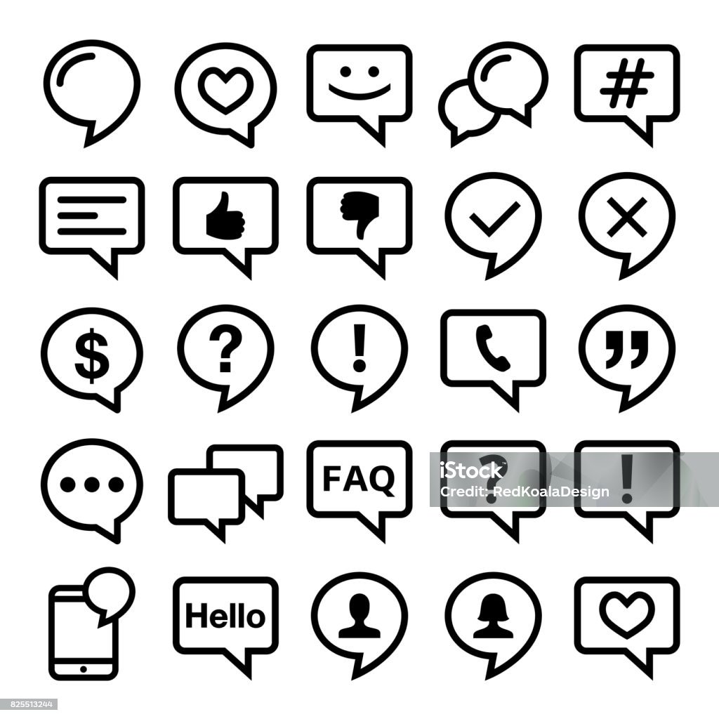 Speech bubble line icons set- comment, web, blog, contact vector design Comments icon collection - speech bubbles graphic elements in black isolated on white Speech Bubble stock vector