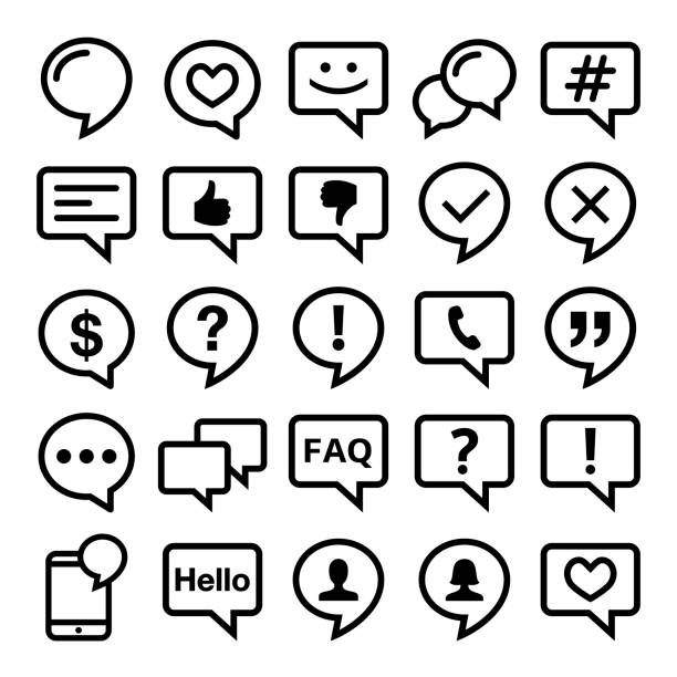 Speech bubble line icons set- comment, web, blog, contact vector design Comments icon collection - speech bubbles graphic elements in black isolated on white word bubble icon stock illustrations