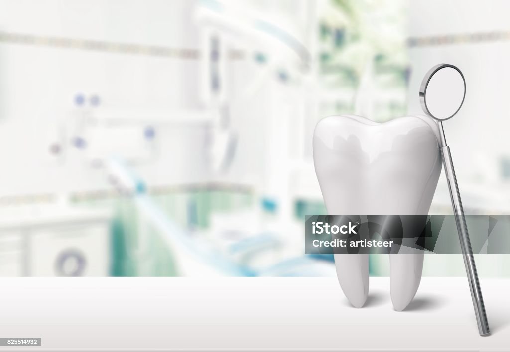 Dentist. Big tooth and dentist mirror in dentist clinic on background Dentist Stock Photo