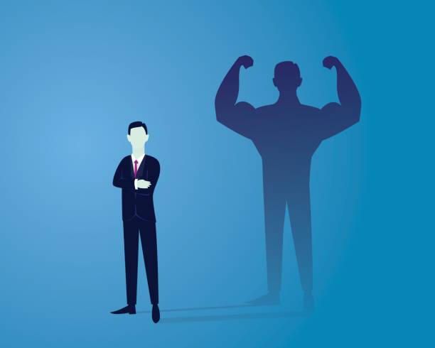 Business Power Concept. Strong Businessman Vector illustration. Business power concept. Businessman standing in front of his own muscular shadow showing his inner strength. Self confidence. Future goal. Self development flexing muscles stock illustrations